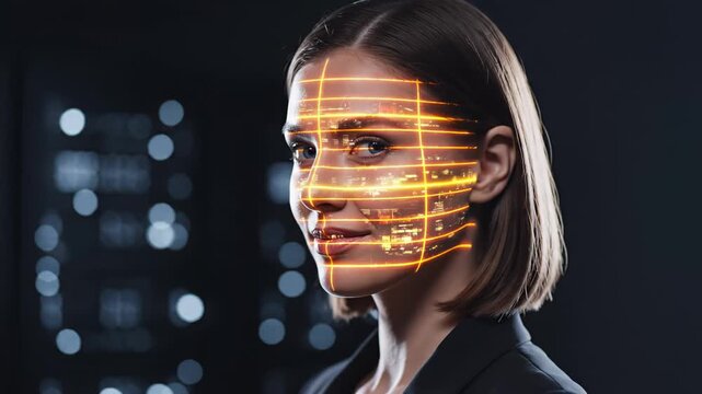 Female professional with short hair displays facial scanning technology, showcasing changing light patterns on her face against a dark background. scanning security, face recognition