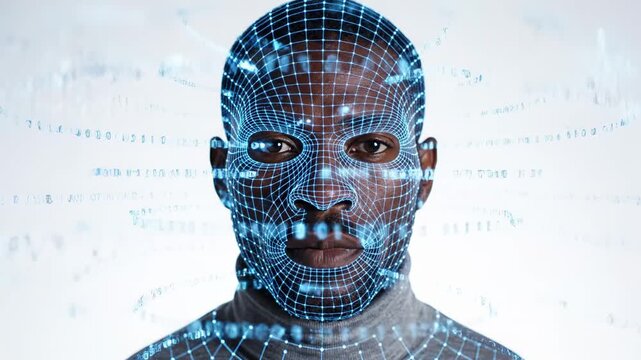 African man with facial recognition technology overlay, showcasing digital patterns and data flow across his face in a futuristic setting. scanning security, face recognition