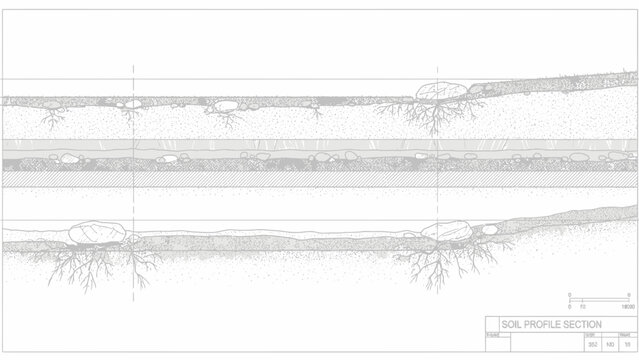 soil profile section, layers of earth, geological study, roots
