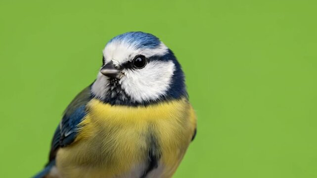 Blue Tit Bird Close-Up Isolated on Green Screen Chroma Key Background
