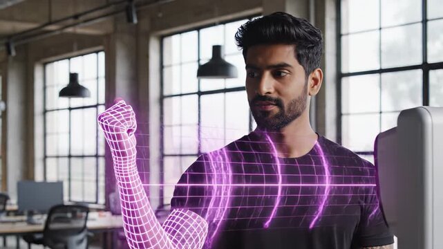 South Asian male in black t-shirt interacts with digital interface, showcasing hand gesture progression in modern office space with large windows and contemporary design