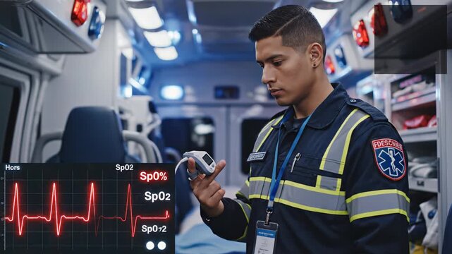 Male paramedic in blue uniform checks pulse oximeter readings inside ambulance, medical equipment and emergency lights visible in the background