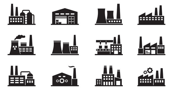 Industrial factories vector icons set. Factory icon illustration. Industry power, chemical manufacturing building warehouse nuclear energy plant. Vector Illustration.