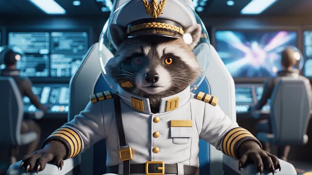 Raccoon in a captain's uniform sits confidently in a futuristic control room, surrounded by high-tech screens and fellow crew members engaged in operations