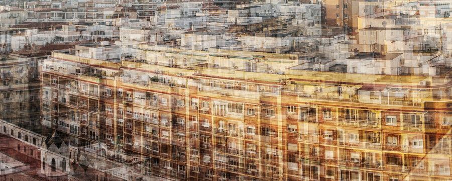 Vertical urban pressure within layered brutalist city blocks