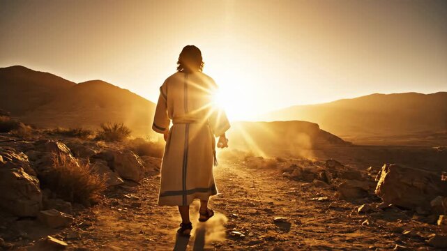 silhouette of jesus christ walking in desert at sunset. biblical man in robe holding staff. easter resurrection and christian faith concept. religious background