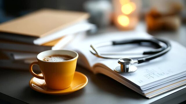 Medical student study desk with stethoscope notebooks coffee mug display still life photo arrangement healthcare education materials academic workspace setup defocused surface