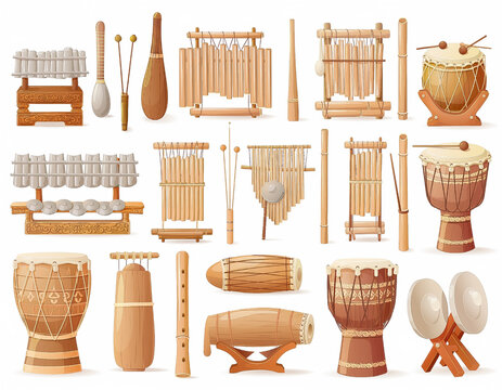 A comprehensive set of traditional Indonesian musical instruments including gamelan, angklung, and ethnic drums. High-quality illustration on a clean white background, perfect for cultural