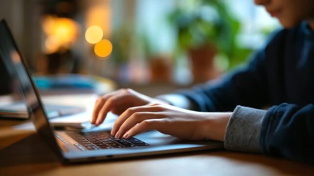 Faceless young student hands engaging in online education studying at home activity remote learning session digital academic work educational technology usage defocused home