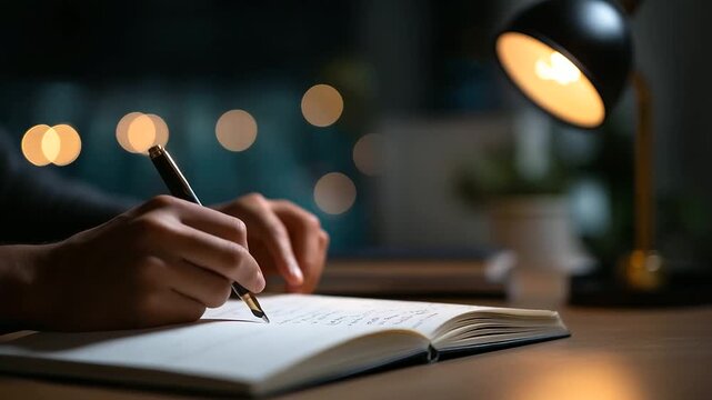 Lifestyle portrait daily life home nighttime study session desk lamp focused student open notebook handwritten notes authentic dedication defocused room background with copy