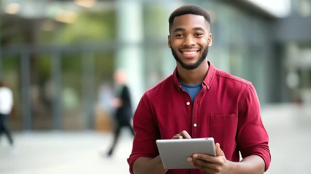 Faceless student man in university ready back to school learning goals targets preparation scholarship education happy confident male holding tablet defocused campus