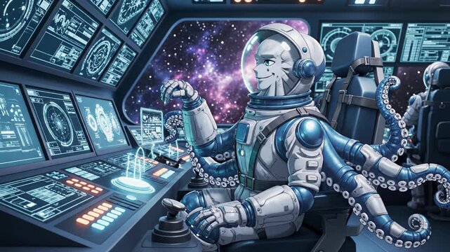 Astronaut with octopus arms interacts with control panel in a futuristic spaceship cockpit, surrounded by screens displaying cosmic data and starry space backdrop