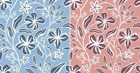 Seamless hand drawn floral pattern set. Two color variations of botanical flower background. Blue and mauve spring textile design. © RDYD Studio