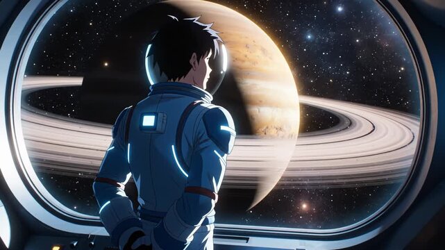 Male astronaut in a futuristic space suit gazes out of a spacecraft window at the stunning view of Jupiter and its rings in a deep space setting