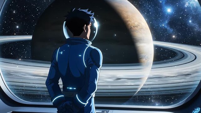 Male astronaut in a blue space suit gazes out of a spaceship window at a distant planet and rings, surrounded by stars and cosmic scenery in deep space