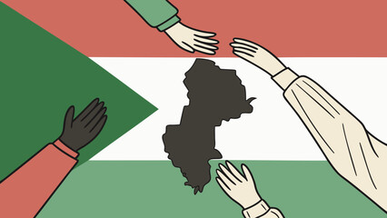 Diverse hands reaching out to support Nigeria on Nigerian flag background.