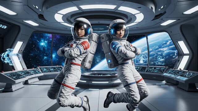 Two Asian female astronauts in space suits pose confidently inside a futuristic spacecraft cockpit with control panels and a view of Earth in the background