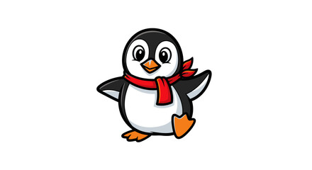 Obraz premium A cartoon penguin wearing a red scarf stands on one foot with wings outstretched in a playful pose illustration