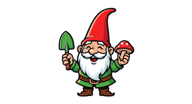 A cheerful cartoon gnome holding gardening tools and a mushroom in a whimsical scene