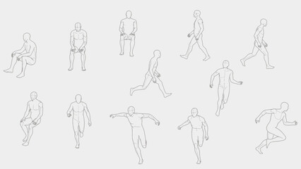Human figures in motion, sketch, line art, action poses, running, walking, sitting