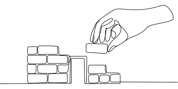Continuous line drawing of a hand building a brick wall, symbolizing construction and growth