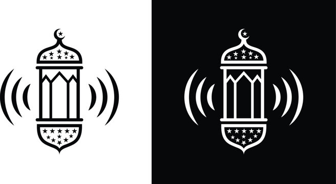 Minimal Islamic lantern icon with sound waves in black and white version. Perfect for Ramadan audio, Azan, Islamic app, and notification design.
