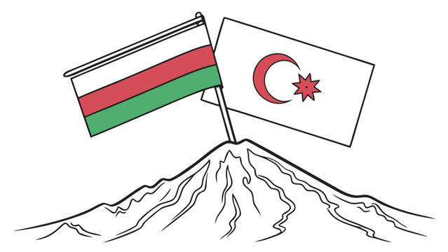 Illustration of Chechen and Ingush flags on a mountain peak.