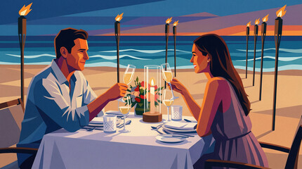 A romantic couple enjoys an intimate beach dinner at sunset, toasting with wine. Tiki torches glow, creating a magical atmosphere by the ocean.