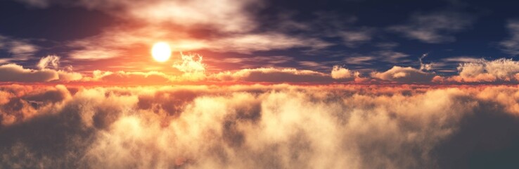 Fototapeta premium Heavenly landscape, the sun in the clouds, flying over the clouds, 3D rendering