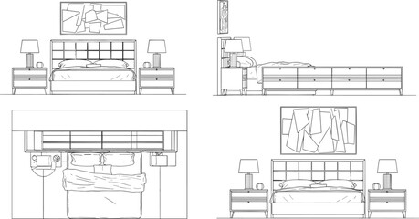 Obraz premium Four bedroom interior line showing beds nightstands lamps and abstract