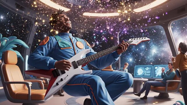 African American male astronaut in blue jumpsuit plays electric guitar, surrounded by fellow crew members in a futuristic spaceship with cosmic background and colorful visual effects