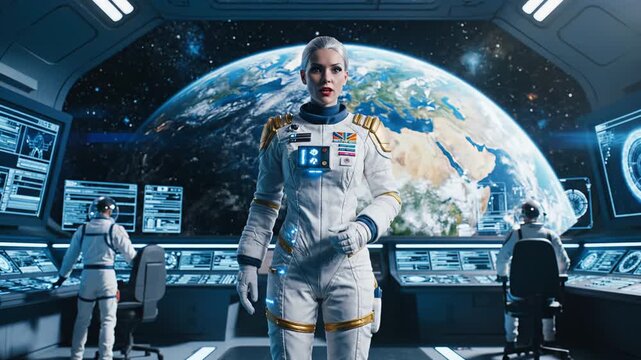 Female astronaut in a space suit stands confidently in a control room, interacting with colleagues while Earth is visible through the large windows behind them