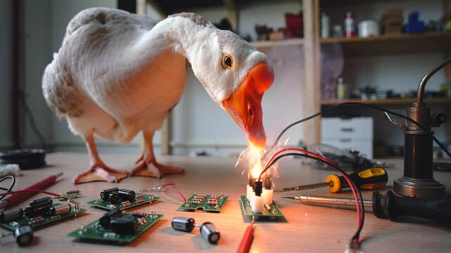 Curious goose inspects electronics workbench, pecking at scattered circuit boards and wires, triggering spark from soldering iron and small smoke, warm orange beak glow illuminates cluttered