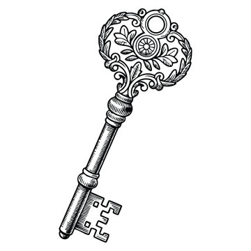 Old key shown in black and white illustration on a white background ideal for antique mystery security and heritage inspired artwork