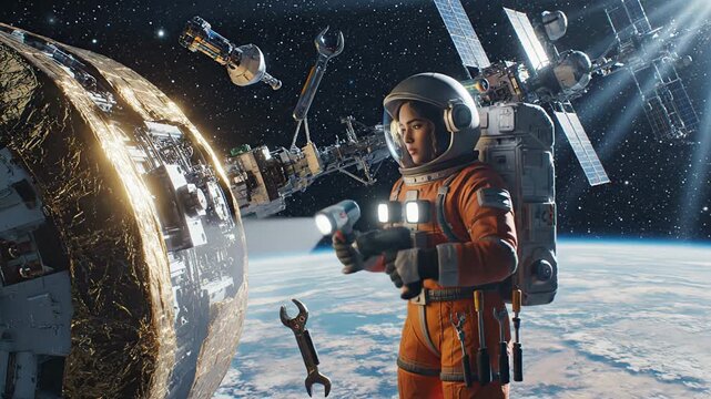 Astronaut in orange space suit uses tools to inspect spacecraft exterior, illuminated by bright lights, with Earth and space station visible in the background