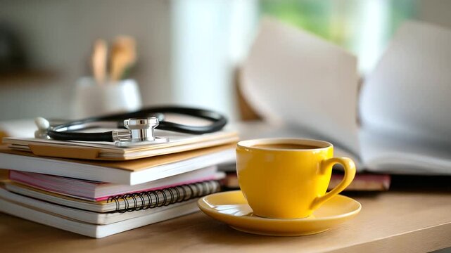 Medical student study desk with stethoscope notebooks coffee mug display still life photo arrangement healthcare education materials academic workspace setup defocused surface