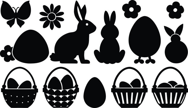Easter bunny and eggs silhouette set isolated on transparent background, Vector, illustration