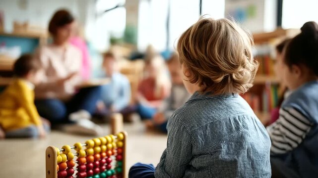 Faceless group preschool children sitting classroom floor teacher uses abacus explain basic math kindergarten education encourages curiosity hands on number learning activity