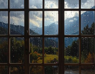 Fototapeta premium Rainy day scenery through a window with mountain backdrop creating a calming atmosphere
