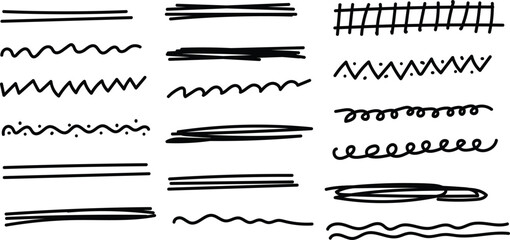 Collection of various hand drawn lines and scribbles in black ink on white background