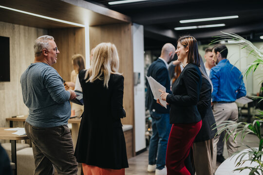 Professionals mingle at an indoor business networking event, exchanging documents. A friendly group chats in a modern office setting.