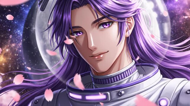 Male astronaut with long purple hair smiles amidst falling cherry blossom petals, with a large moon and starry sky in the background, creating a serene cosmic atmosphere