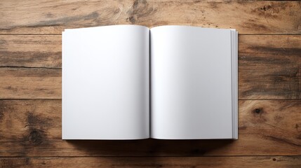 Open blank book with white pages on rustic wooden background, top view mockup