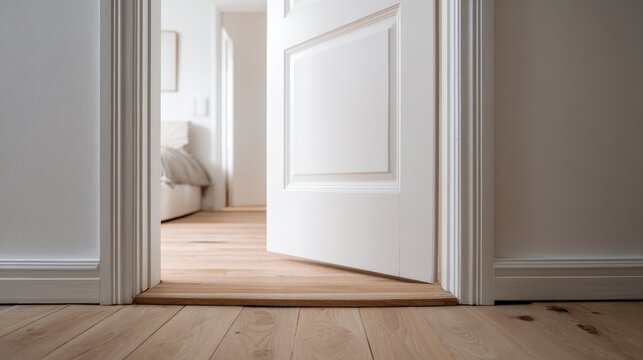Open white interior door in a minimalist home with wooden floorboards and blurred bedroom background