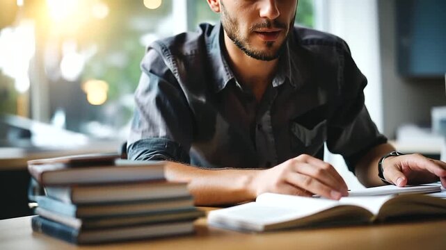 Faceless student hands with books studying on home desk thinking reading college work person learning focused information education knowledge law research defocused workspace