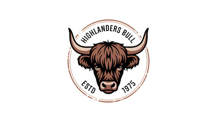 Pixel art illustration of a brown highland bull head with large horns inside a circular frame.