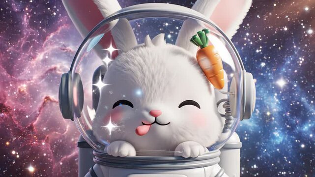 Cute cartoon rabbit in a space helmet with a carrot, gazing curiously at the viewer against a colorful cosmic background filled with stars and nebulae