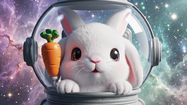 Cute white rabbit in a space helmet smiles joyfully while holding a carrot, set against a colorful cosmic background filled with stars and galaxies
