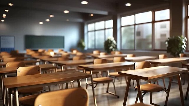 Sunlight streams into empty classroom visualization rows of wooden desks chairs educational space illustration learning environment display academic facility interior