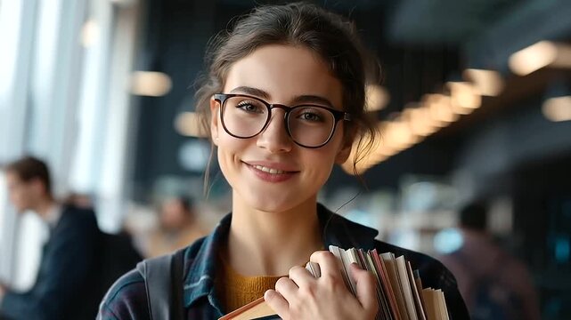 Faceless student woman in university ready learning goals targets preparation education scholarship happy female learner with books studying knowledge acquisition defocused